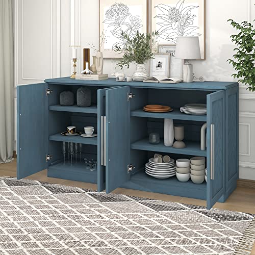 60" Sideboard Buffet Cabinet with Adjustable Shelves,Coffee Bar Cabinet with 4 Doors Accent Wood Buffet Table Entryway Cabinet Multifunctional Cupboard for Living Room(White)