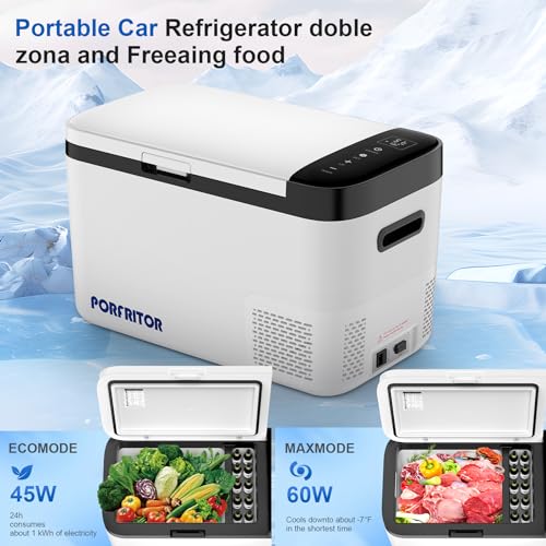 PORFRITOR 12 Volt Car Refrigerator, 48Qt Portable Freezer -4℉ to 68℉ Dual Zone Car Refrigerator,12 Volt Refrigerator with 12/24V DC & 110-240V AC for Home,Travel, RV, Truck