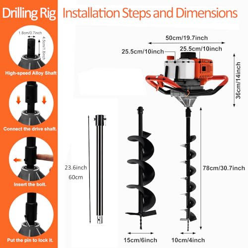 85cc 4HP Post Hole Digger Gas Powered, Gas Earth Auger/Ice Auger, with 3 Drill Bits 4"/8"/12" + 2 Extension Bar, One Man Earth Auger for Planting Fence, EPA Compliant Post Hole Auger