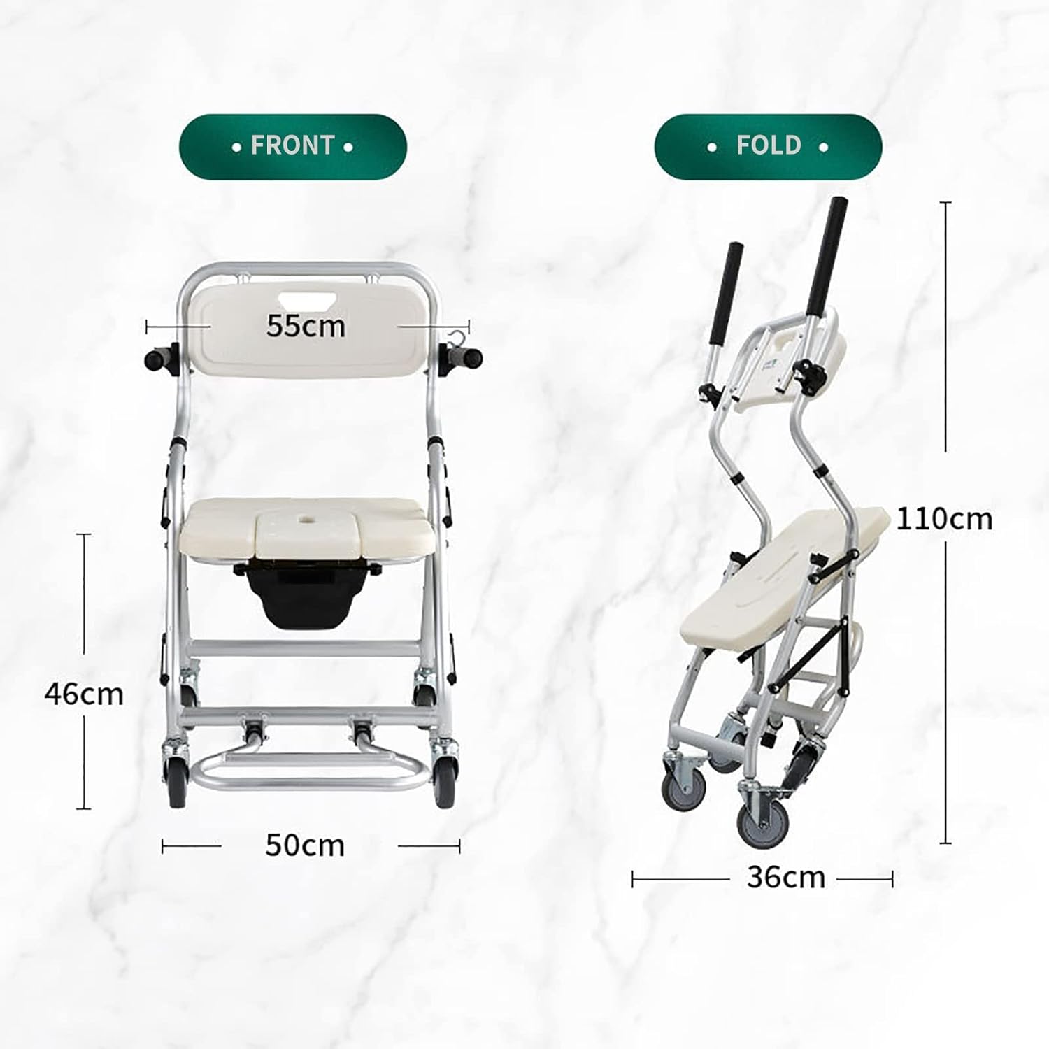 KOHARA Toilet Chair Mobile Shower Chair Elderly Household Bath Chair Toilet Stool 4-Wheel Brake Height Adjustable Wheelchair Bedside Commode Toilet Chair with Back Toilet Chair
