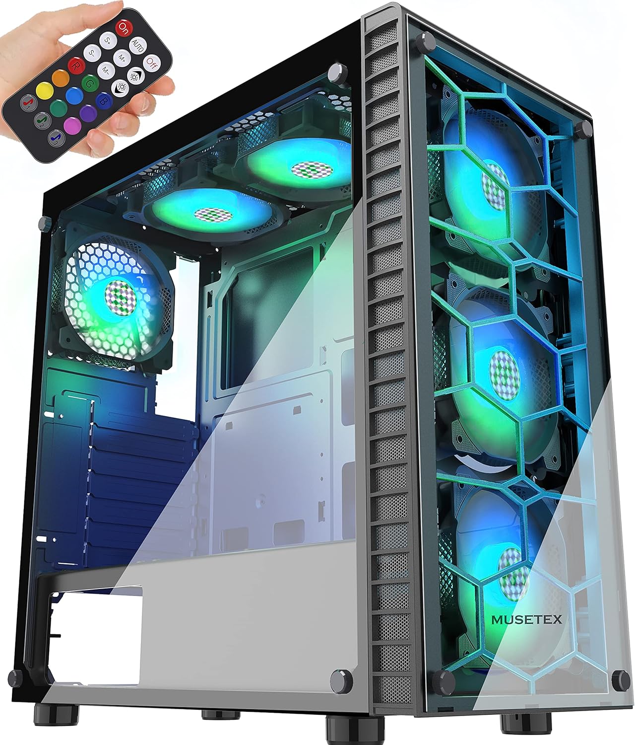 MUSETEX Black ATX Mid-Tower Case Computer Case with 2 Tempered Glass Panels Gaming PC Case USB 3.0 and 6pcs 120mm ARGB Fans