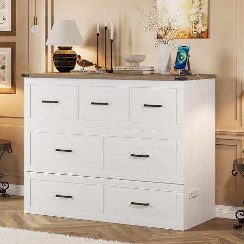 Bellemave Queen Murphy Bed, Cabinet Bed with Charging Station and Storage, Farmhouse Murphy Cabinet with Foldable Panel, Noisy Free, for Guest Bedroom, Living Room, Office, Rustic Gray