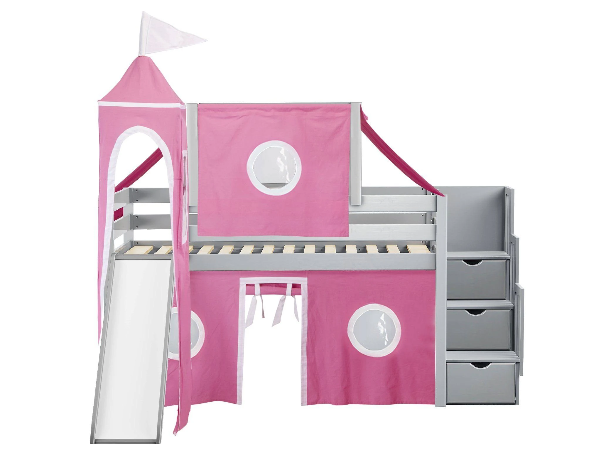 Jackpot Princess Low Loft Stairway Bed with Slide Pink u0026 White Tent and Tower, Loft Bed, Twin, Gray