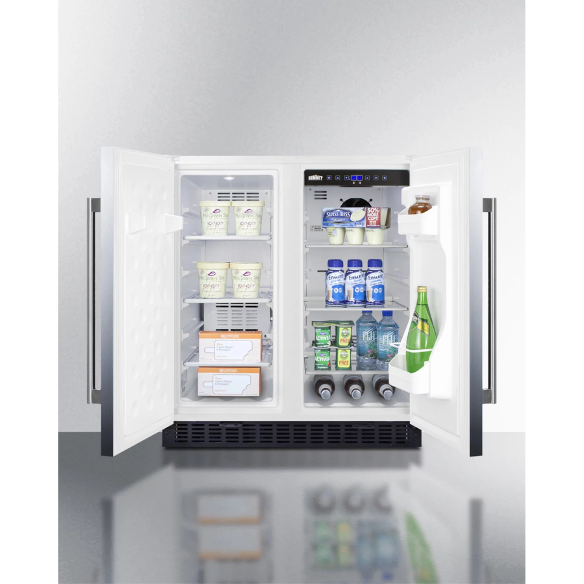 30" wide undercounter frost-free side-by-side refrigerator-freezer in stainless steel with locks, stainless steel handles, and digital controls