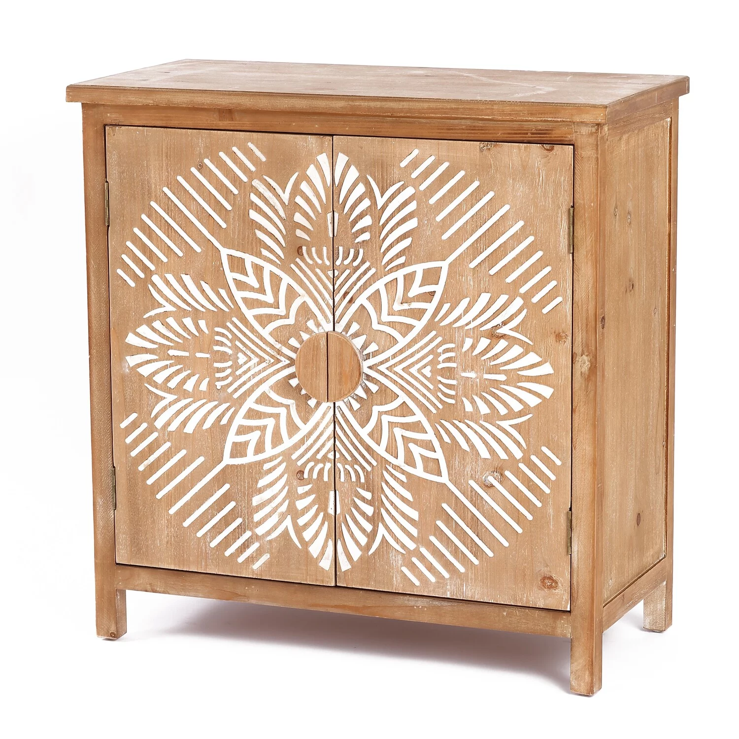 LuxenHome Natural Wood Floral 2-Door Storage Cabinet