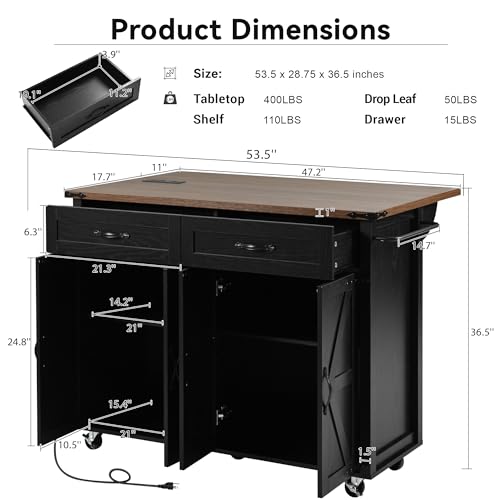 Kitchen Island with Storage, Rolling Kitchen Island Cart On Wheels with Power Outlet & Drop Leaf Countertop, Mobile Island Table for Kitchen with 2 Drawers 2 Cabinet, Spice Rack, Towel Rack, Black