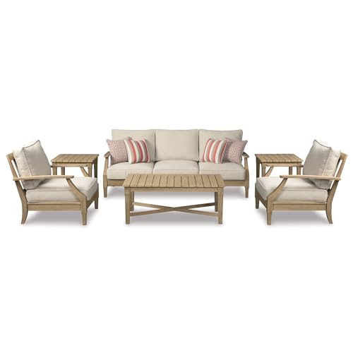 Signature Design by Ashley Carter Hall Outdoor Eucalyptus Patio Sofa with Cushion, Beige