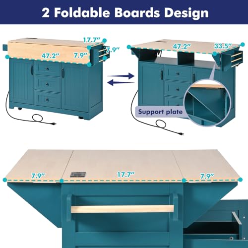 Rolling Kitchen Island with 2 Drop Leaf and Power Outlet, Island Table on Wheels with Towel Rack and Spice Rack, Kitchen Cart with Storage Cabinet and Drawers (White)