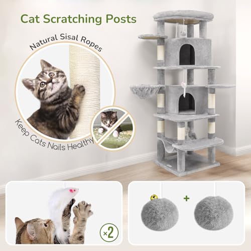 Globlazer Corner Cat Tree for Large Cats, 66inch Tall Curved Series Large Cat Tower for Multiple Indoor Cats with 6 Scratching Posts, 2 Spacious Cat Condos, Hammock, Hanging Basket, C66, Beige