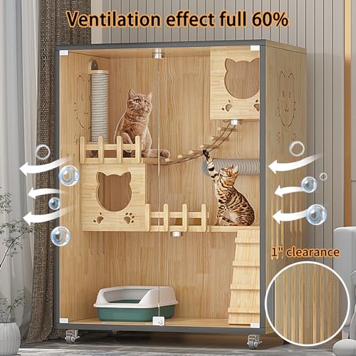 HUATOL Wooden Large Indoor Cat Enclosure, Indoor/Outdoor Cat Cage Large Space with Wheels, Multi-Feature Enclosed Cat Condo for Indoor Cats Ventilation Glass Doors, 50" X 36" X 24"