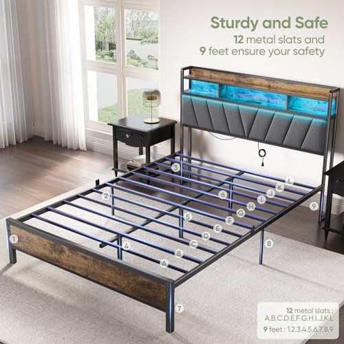Full Bed Frames, Metal Bed Frames with Charging Station, LED Lights Bed Frames with Upholstered Storage Headboard, Sturdy and Noise-free, Storage Space under Bed, No Box Spring Needed, Brown