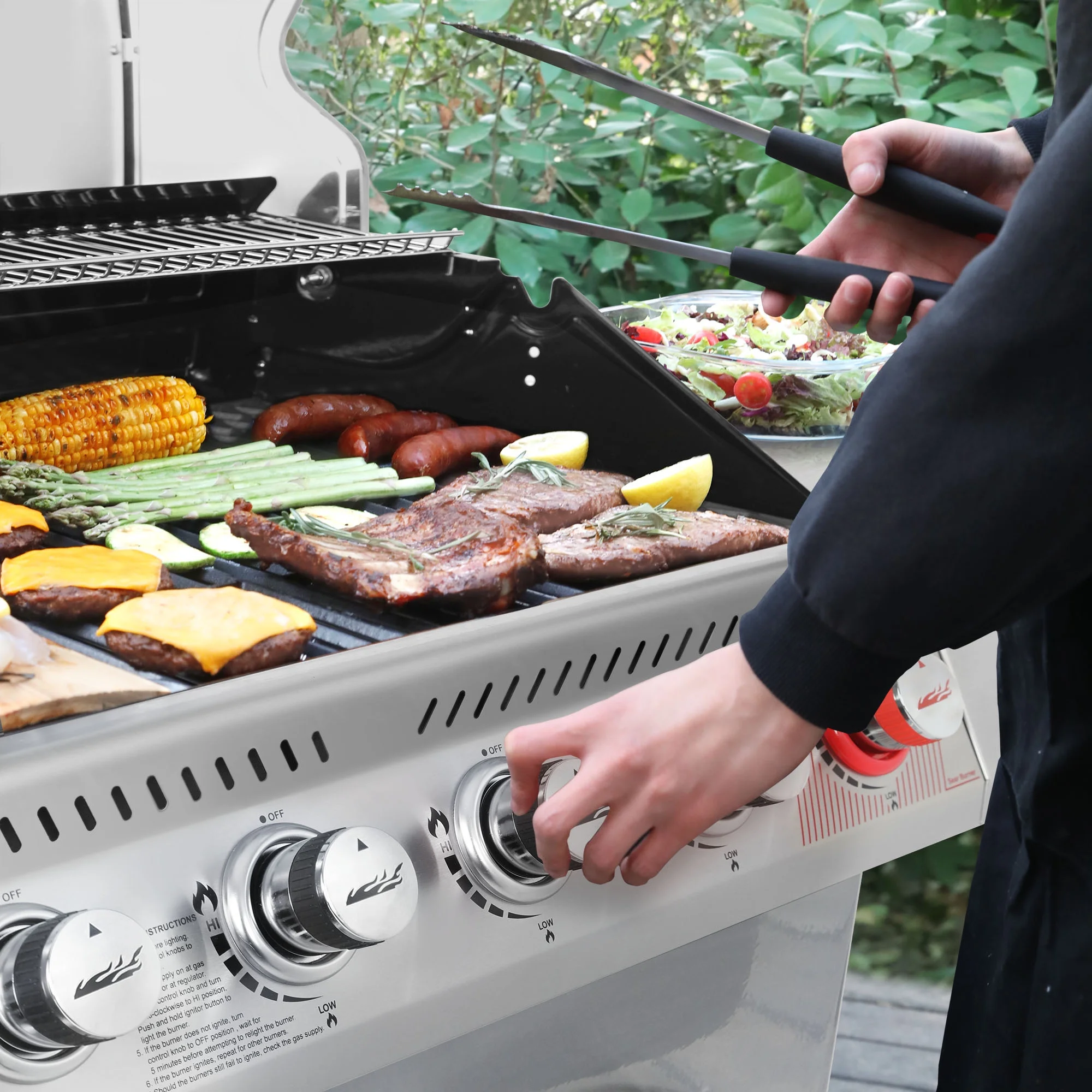 Royal Gourmet GA6402S Stainless Steel Gas Grill, Premier 6-Burner BBQ Grill with Sear Burner and Side Burner, 74,000 BTU, Cabinet Style, Outdoor Party Grill, Silver