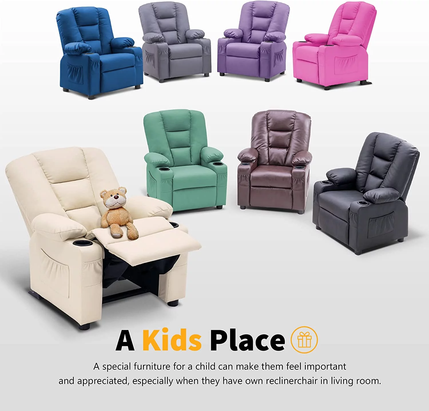 Big Kids Recliner Chair with Cup Holders for Toddler Boys and Girls, 2 Side Pockets, 3+ Age Group, Faux Leather 7322 (Violet)