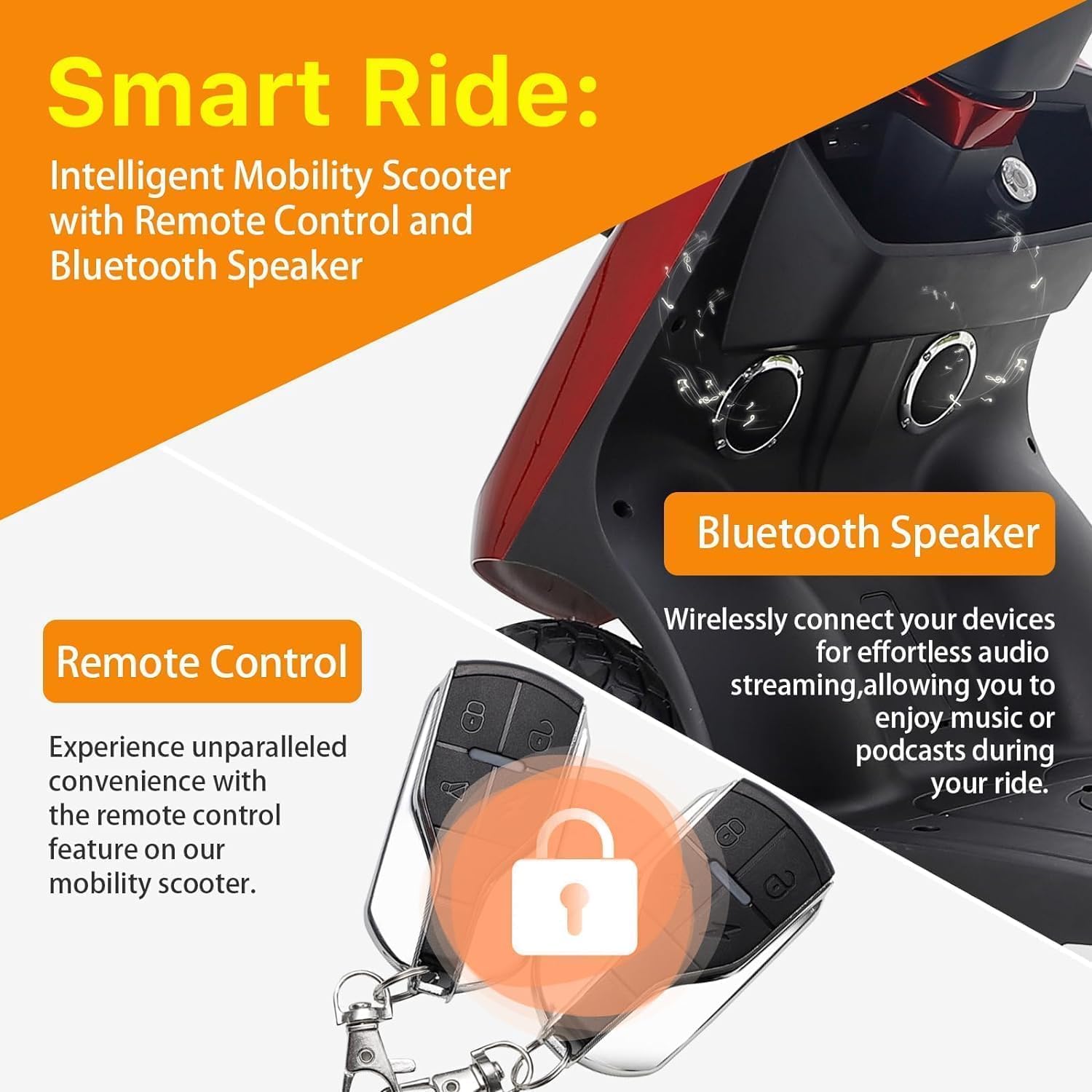 3 Speed Control 1000W 2 Seater Mobility Scooters with Bluetooth Speaker & 500lbs Weight Capacity, 36-Mile Range, Mobility Scooters at 15 MPH for Adults & Seniors, Red