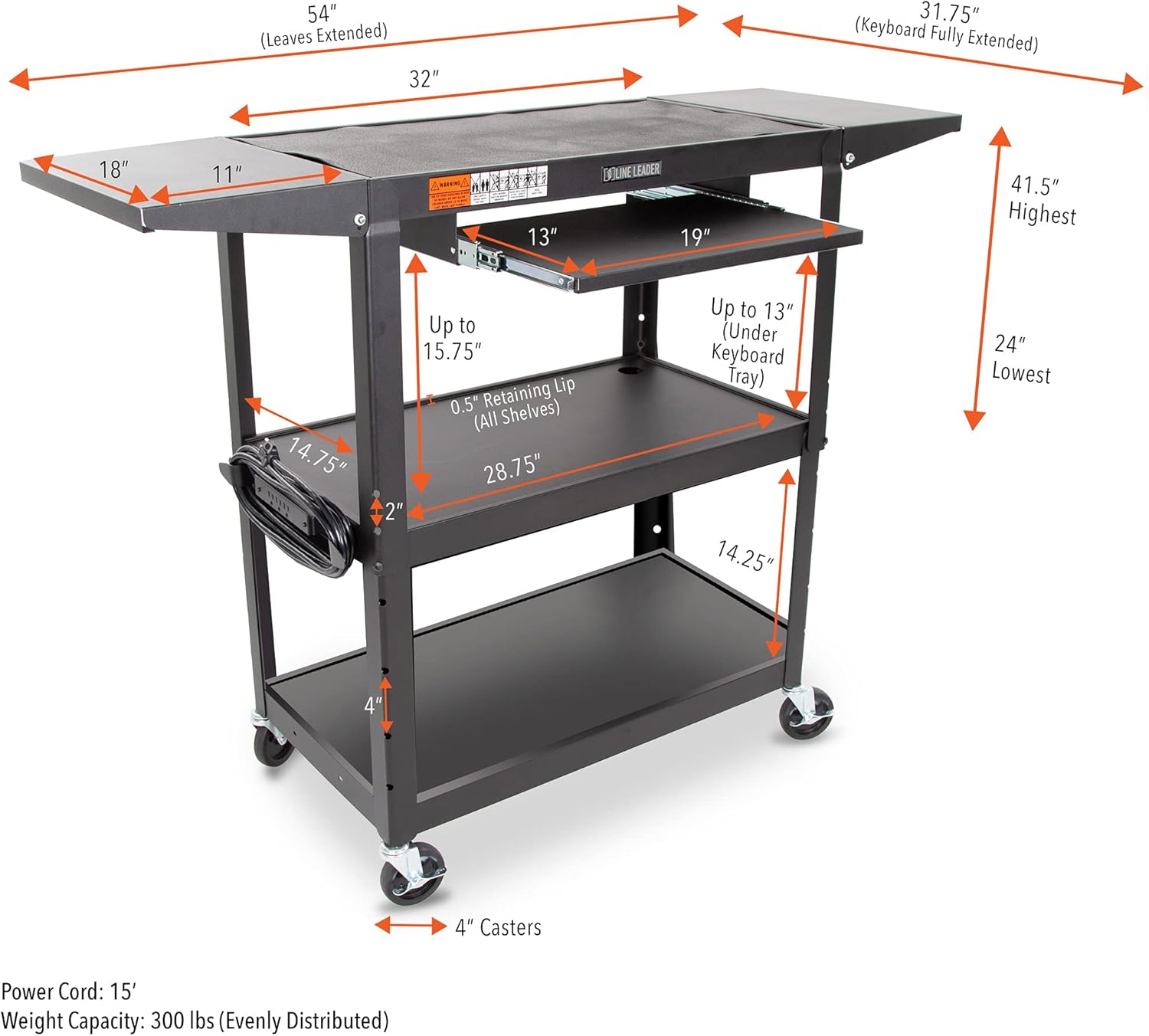 Line Leader Large AV Cart with Drop Leaves | Height Adjustable Utility Cart | Includes Pullout Keyboard Tray & Cord Management | Easy Assembly (54in x 18in x 42in / Black)