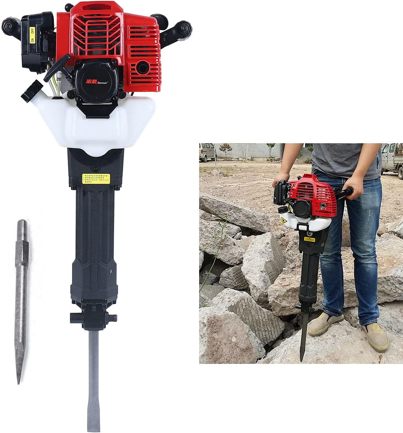 2 Stroke 52CC Gas Demolition Jack Hammer with 2 Chisels Gasoline Concrete Breaker Drill Gas T Post Driver for Trenching and Breaking Holes