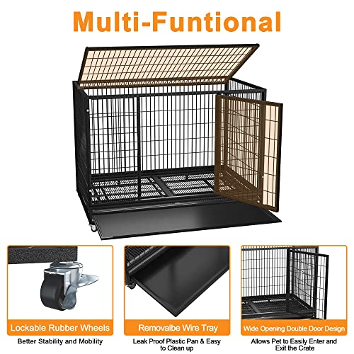 54/48/42/38 inch Heavy Duty Indestructible and Escape-Proof Dog Crate Cage Kennel for Large Dogs, High Anxiety Dog Crate with Removable Wire Trays and Wheels, Extra Large XL XXL