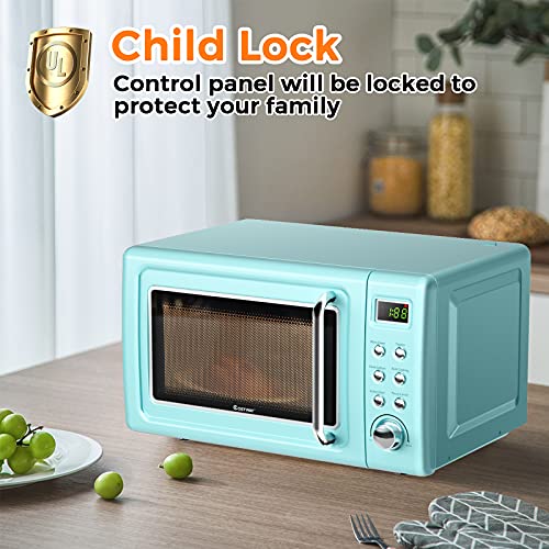 0.7 Cu.ft Compact Microwave Oven, Digital Timing & Child Lock, Small Microwave w/Glass Turntable & 6 Preset Buttons, Delayed Start Function, 700W Mini Microwave w/5 Micro Power (Golden)