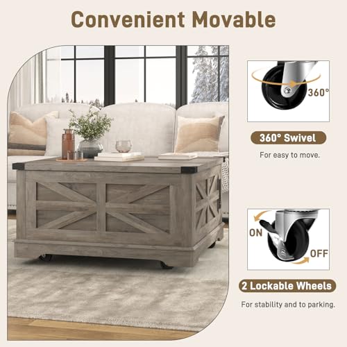 36" Farmhouse Movable Lift Top Coffee Table with Storage and Power Outlets, Square Wood Living Room Tables with Wheels&Large Hidden Space, Lift Wooden Barn Door Center Table, White