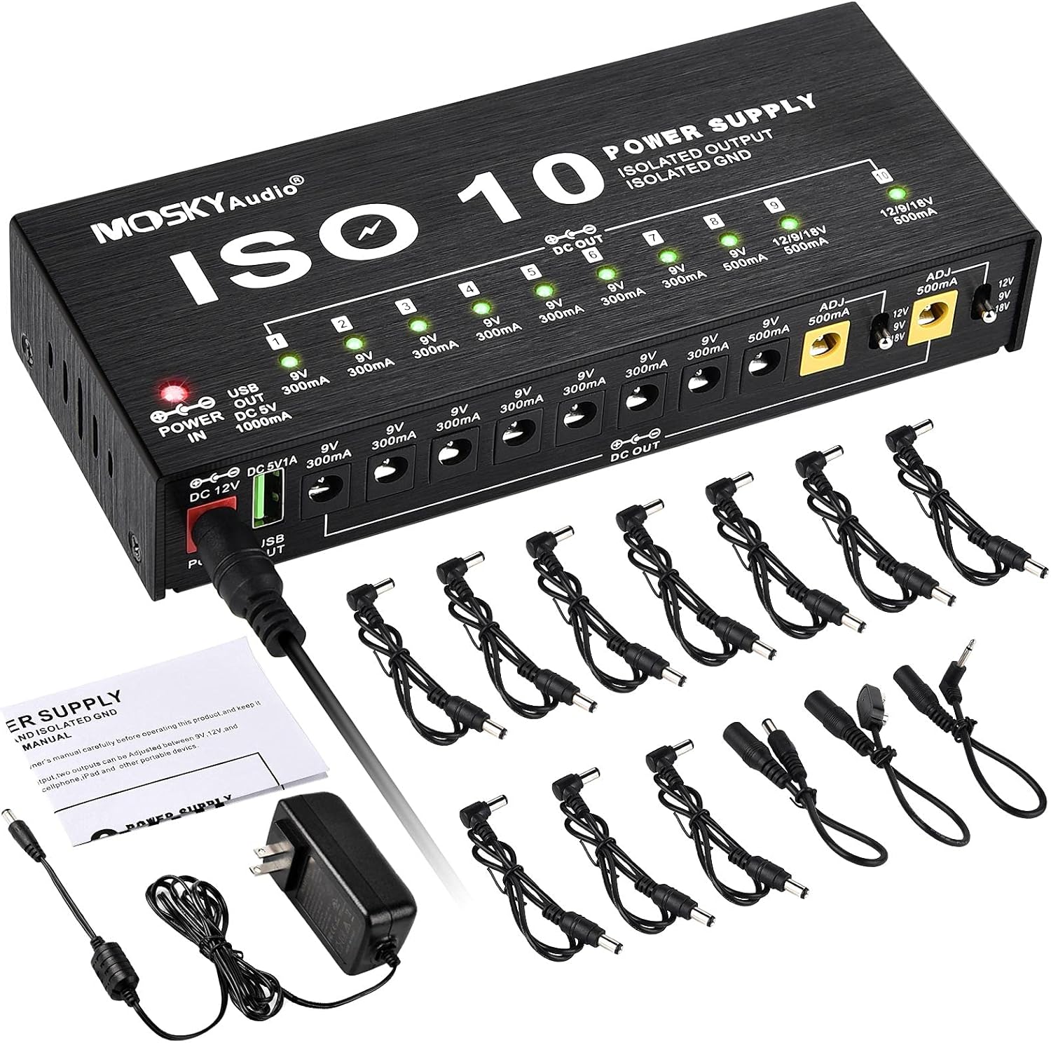 CAMOLA Mosky Guitar Pedal Power Supply 10 Isolated DC Output 9V 12V 18V 300mA 500mA Guitar Effects Pedal Board Power Supply with Short Circuit/Overcurrent Protection, 5V/1A USB Port