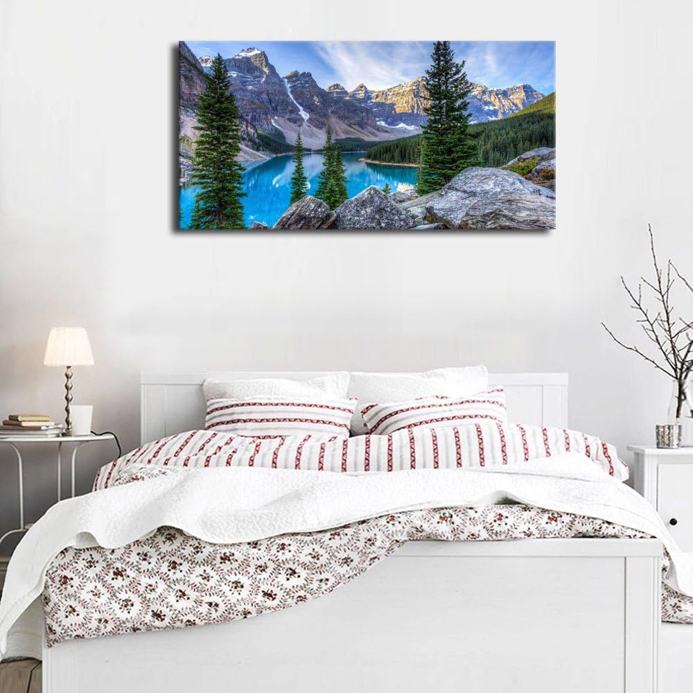 Canvas Wall Art Mountain and Lake Nature Picture Paintings - Long Canvas Artwork Moraine Lake Glacially Fed Lake in Banff National Park Panoramic Contemporary Art for Home Office Wall Decor 20 x 40