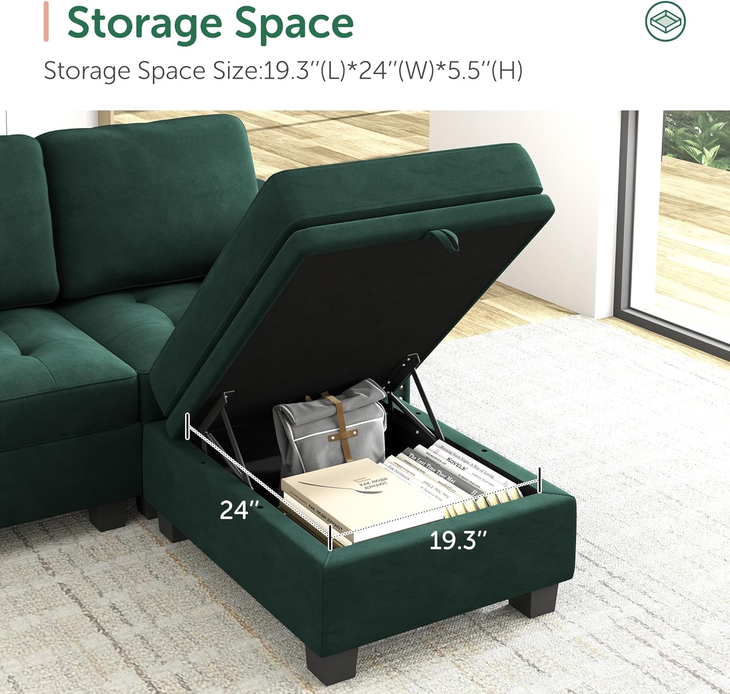 HONBAY Oversized Sectional Sofa, Convertible Modern Sectional Couch Velvet U Shaped Sofa Couch with Storage Ottoman Top Tray Sofa with Chaise, Green