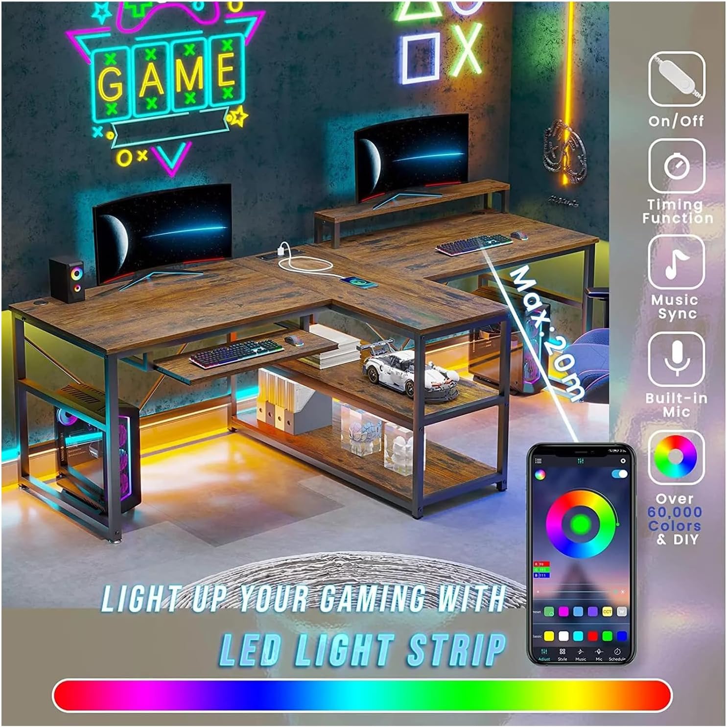 New Brown 95 Inches Home Office Desks Computer Gaming Desk Extra Long Double Desk for 2 Person RGB LED Lights Shelves Table Gamer Ergonomic Storage Shelf Home Office Wood Modern 94.5"L x 39"W x 30"H