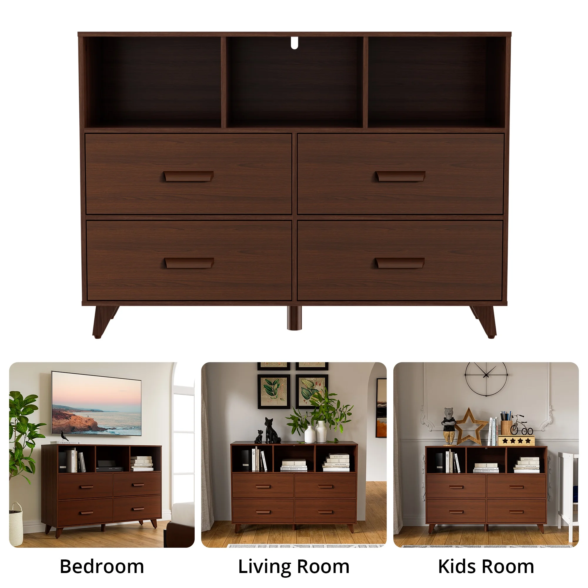 Cozy Castle Dresser Chest for Bedroom, 4 Drawers Chest with 3 Open Shelves, Wood Dresser Drawer Organizers for Kids Bedroom, Mid-Century Modern Dresser for Bedroom, Living Room, White and Brown