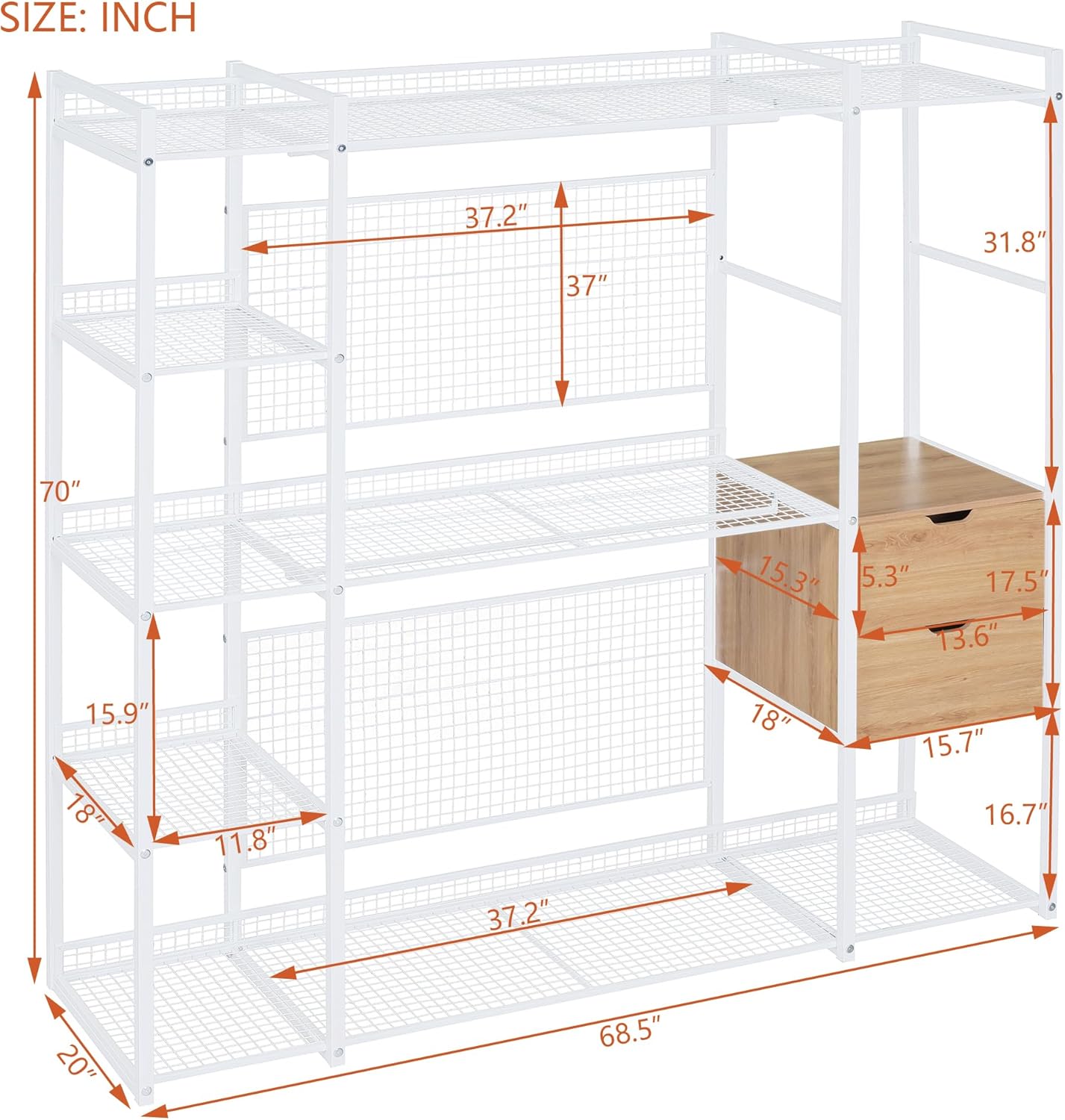 Open-Style Wardrobe with Hanging Rails, Shelves and 2 Drawers, Wardrobe Freestanding Closet Organizer, Industrial Wardrobe Clothes Rack, Metal Storage Wardrobe for Bedroom, Space-Saving