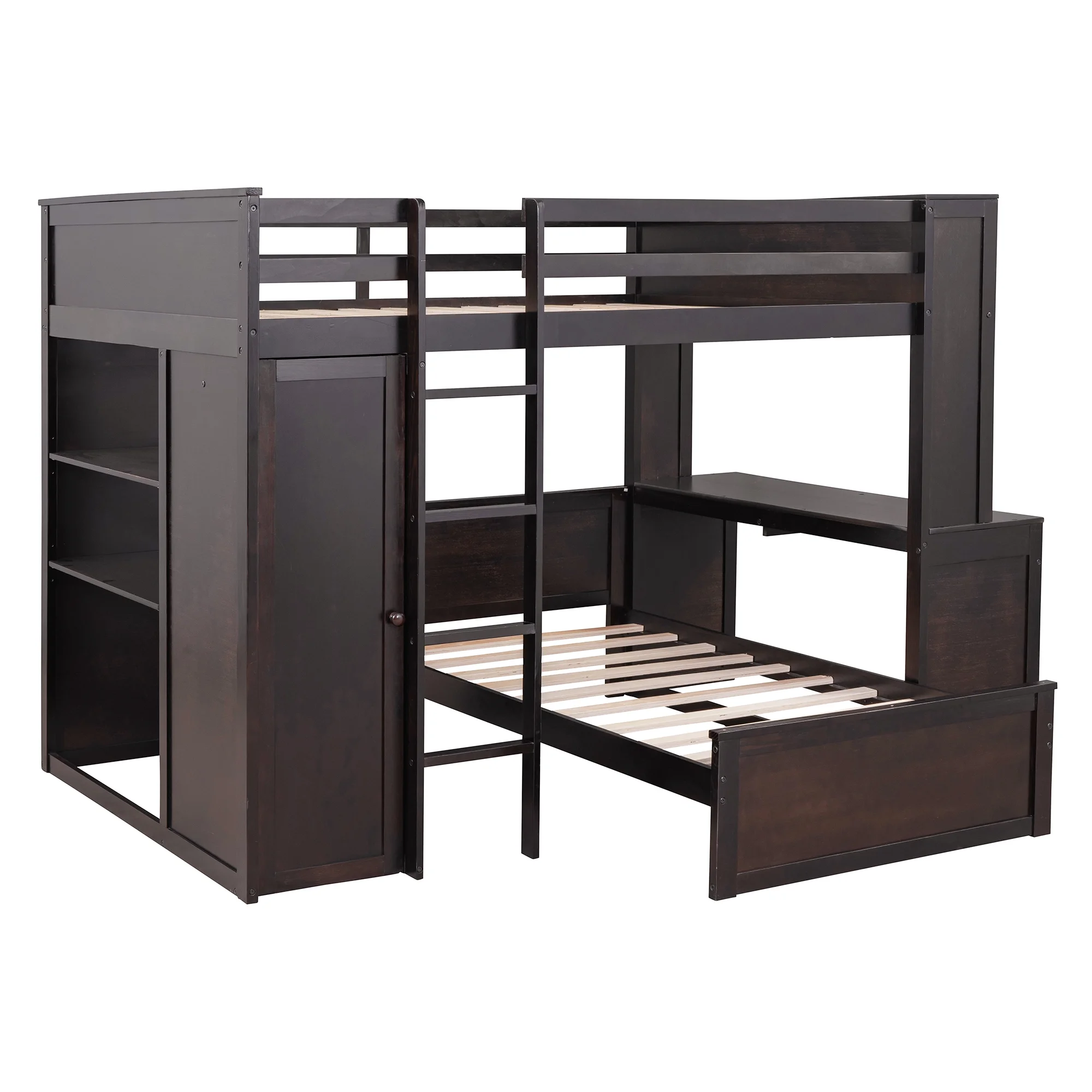 Twin Over Twin Bunk Bed with Storage, Solid Wood Bunk Bed with Shelves, Desk and Wardrobe, Twin Size Loft Bed with a Stand-Alone Bed for Kids Teens Adults (Espresso)