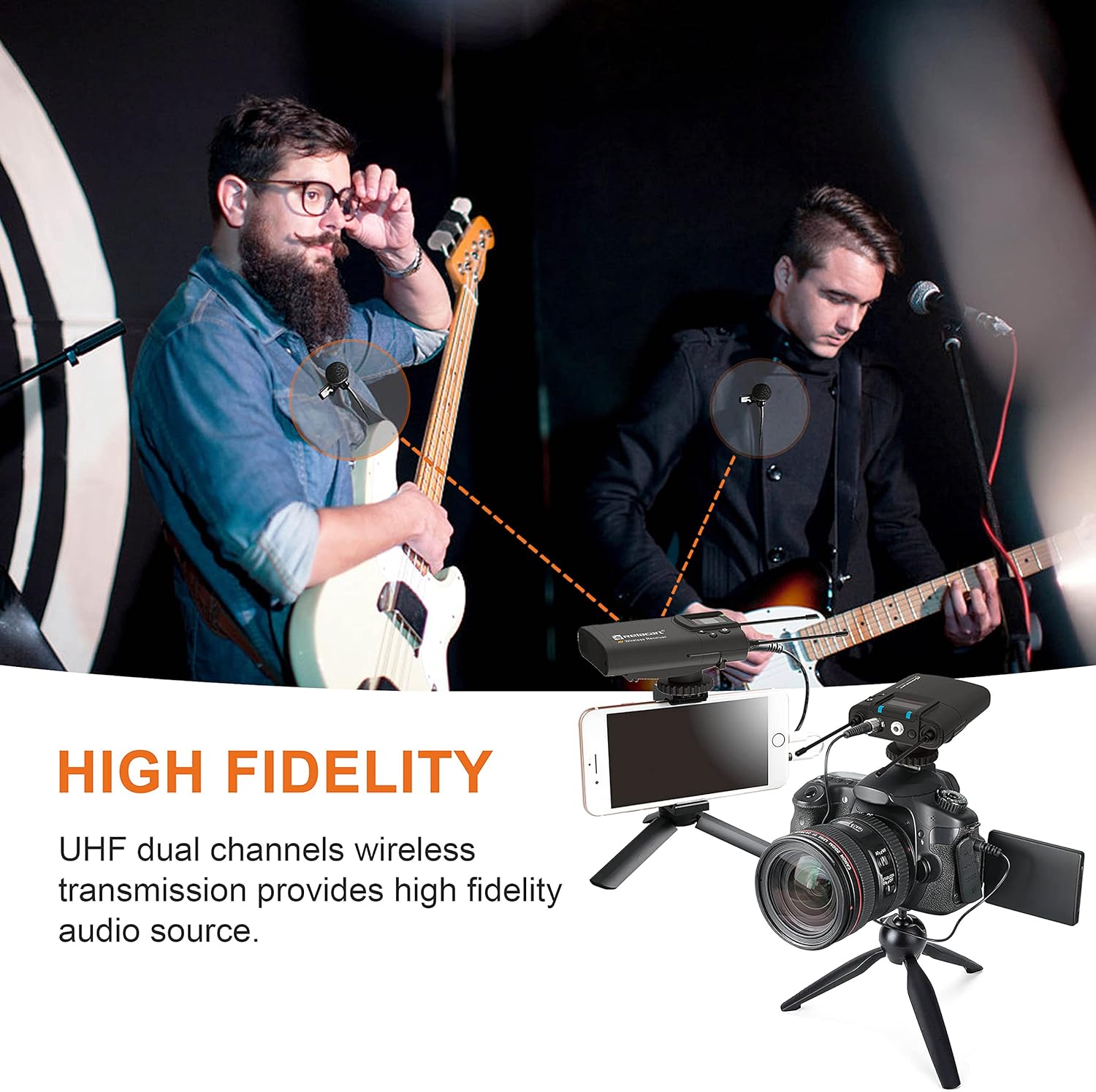 RELACART CR2 UHF Wireless Lavalier Microphone, 32 Channels Wireless Lapel Mic System Compatible with DSLR, Camera, Camcorder, Smartphone for Vlogging, Streaming, YouTube, Tiktok