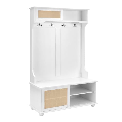 64" 3-in-1 Hall Tree Entryway Four Hooks Rattan Door Shelves Shoe Storage Bench Cabinets with Solid Feet for Hallway Living Room