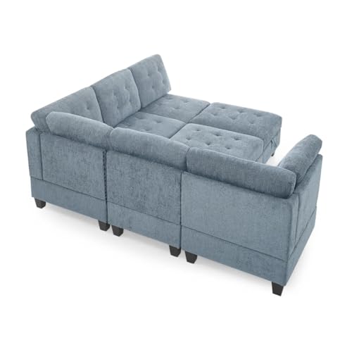 L Shape Chenille Modular Sectional Sofa, Combination Includes Three Single Chair,Two Corner and Two Ottoman