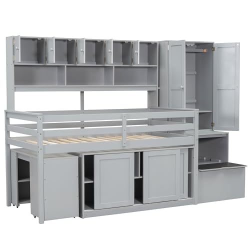 Loft Bed Twin Size, Twin Loft Bed with Rolling Desk and Drawers, Shelves and Wardrobes - Large Storage Space, Shelves and Wardrobes - Space Saving, Low Wood Loft Bed for Bedroom (White)