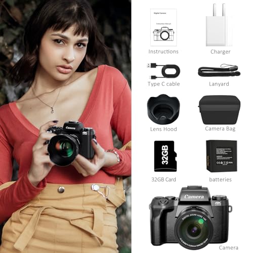 Saneen Digital Camera, 4k Cameras for Photography & Video, 64MP WiFi Touch Screen Vlogging Camera for YouTube with Flash, 32GB Card, Lens Hood, 3000mAH Battery, Front and Rear Cameras - Black
