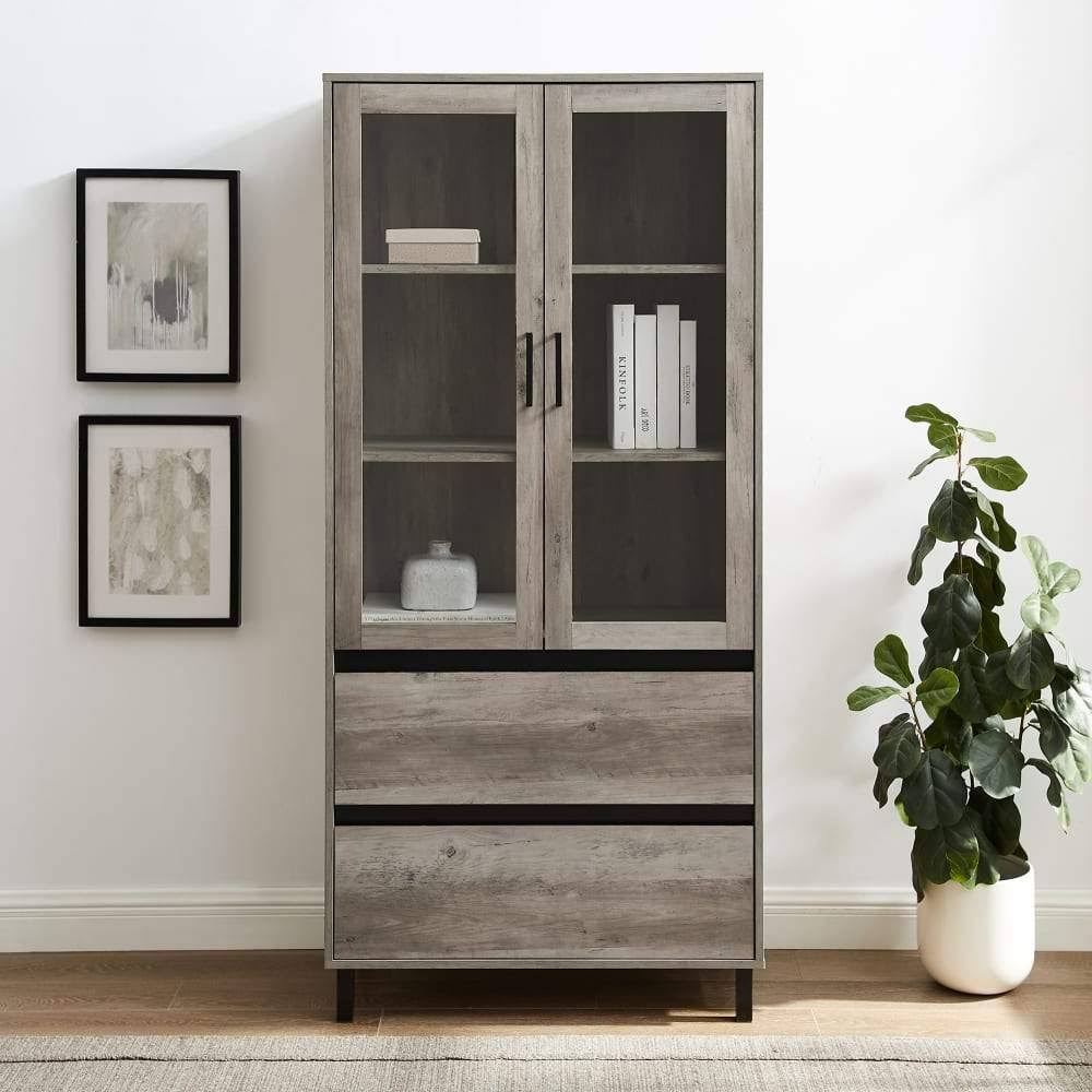 Walker Edison 68x22 Glass Door Storage Hutch - Dark Walnut