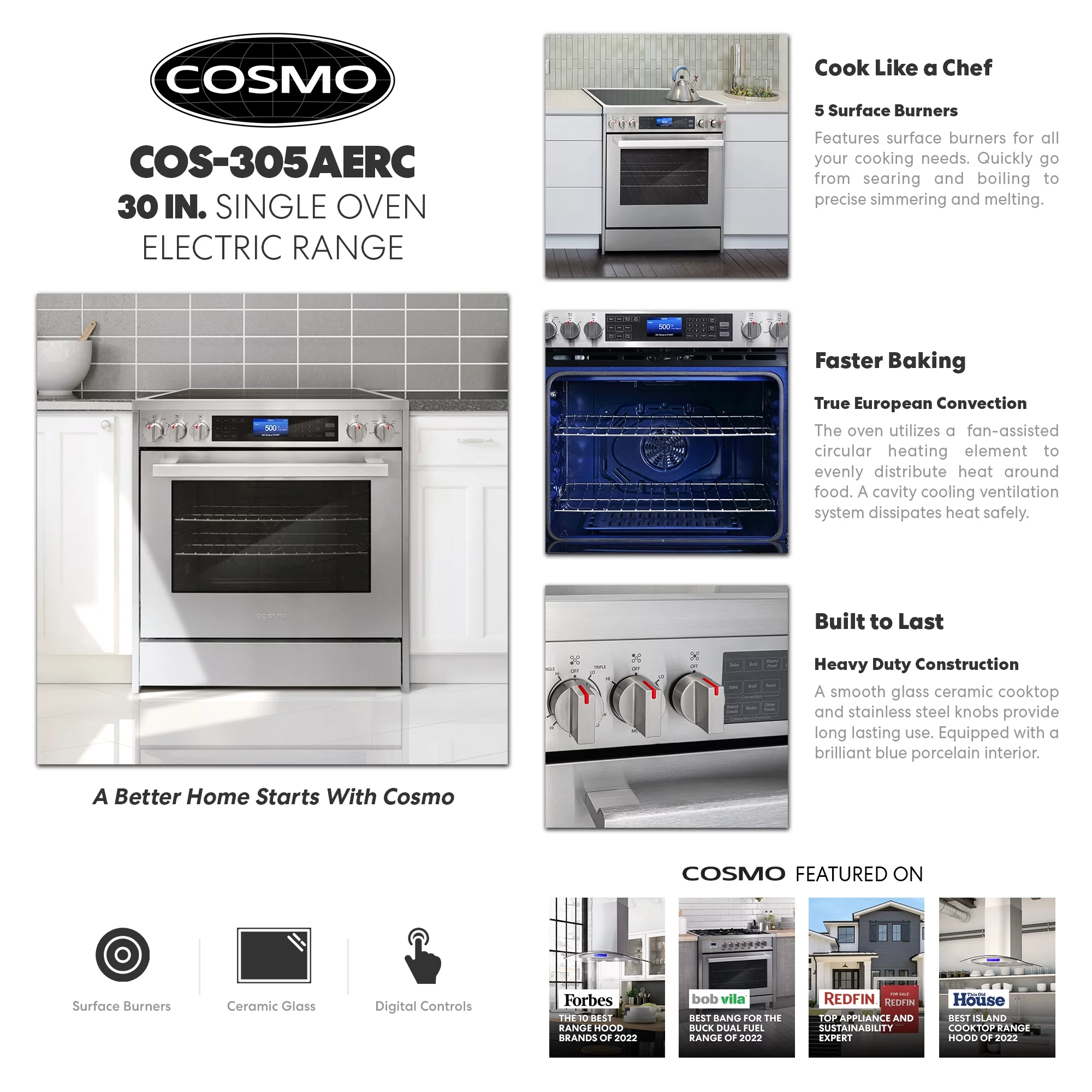 Cosmo COS-305AERC 30 in. Stainless Steel Electric Range with Convection Oven