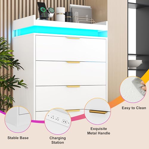 White Dresser with LED Lights, Wooden LED Dresser, 4 Drawer Chest with Charging Station, Tall Chest of Drawer Closet Organizer for Bedroom, Living Room, Entryway, Hallway