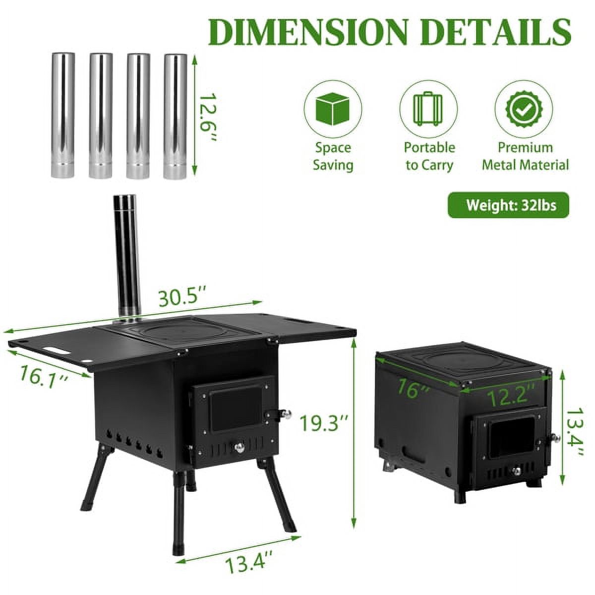 SYTHERS Outdoor Wood Burning Stove with Chimney Pipes, Camp Wood Stove for Outdoor Heating & Cooking, Ice Fishing, Hunting, Black