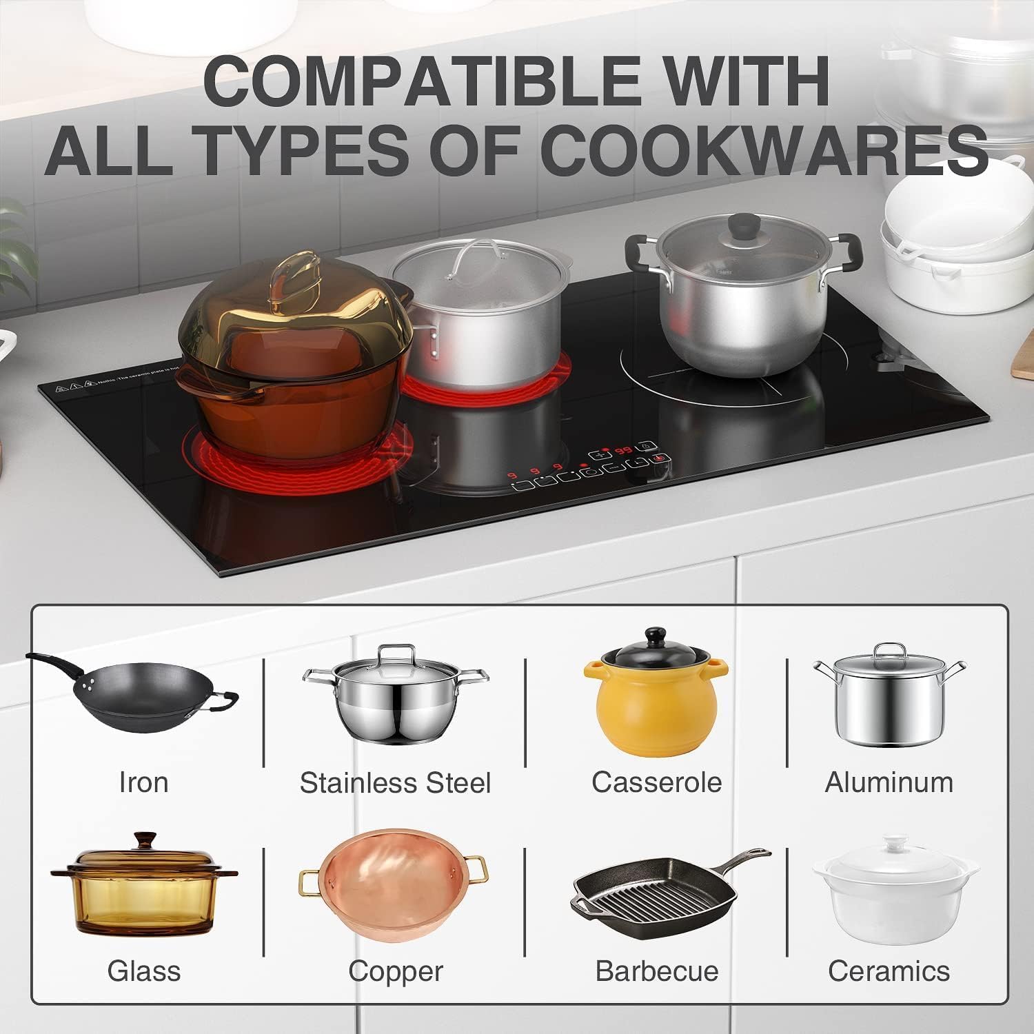 Electric Cooktop 3 Burners Induction Cooktop, ANHANE Built-in Electric Stove Top Plug in 3700W 15A 220V-240V,Touch Control, Over-Temperature Protection, Hard Wire Induction Cooktop