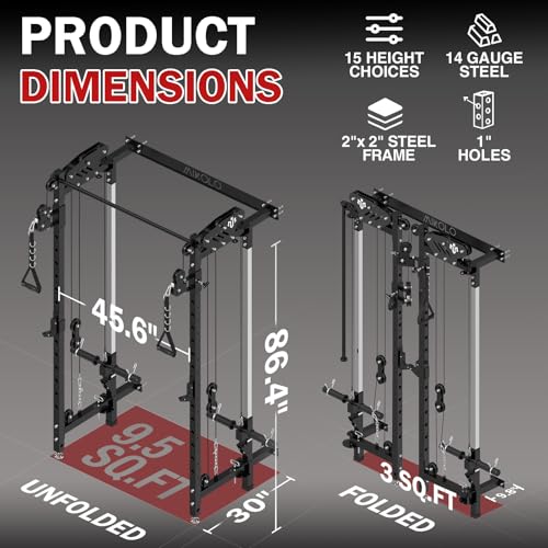 Mikolo Folding Squat Rack, Wall Mounted Power Rack with Cable Crossover Machine & LAT Pull Down, Functional Trainer with 5 Adjustable Function Modes, for Home Gym and Space Saving