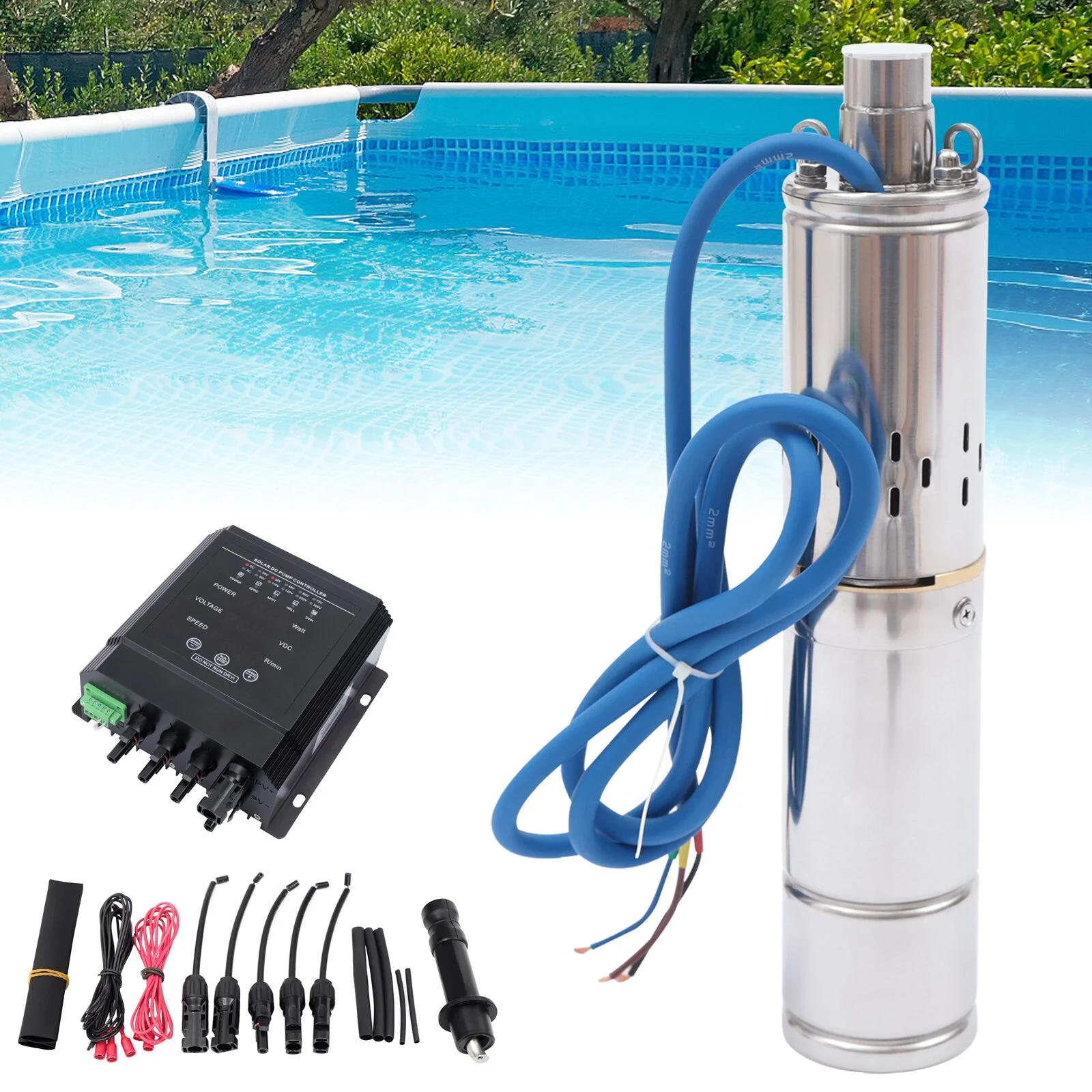 Loyalheartdy Deep Well Submersible Pump, 3" Stainless Steel Solar Water Pump Permanent Magnet Brushless DC Motor w/Controller 262'