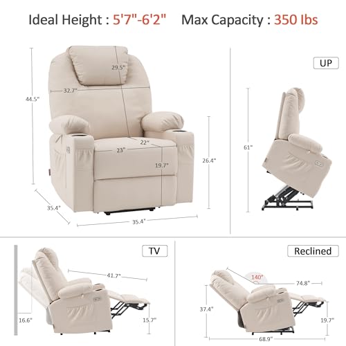 MCombo Power Lift Recliner Chair for Elderly, Lift Chair with Heat and Massage, FSC Certified, USB Ports, Cup Holders, Faux Leather 7040 (Black, Medium)