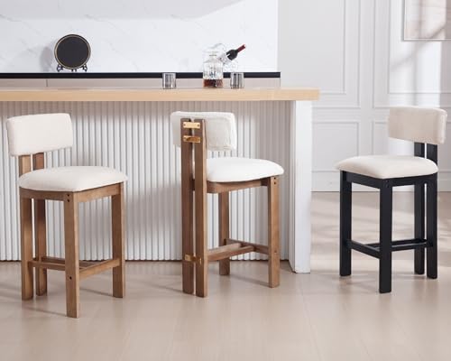 26’’ Tall Farmhouse Kitchen Bar Stools Set of 4, Modern Counter Stools with Backs Beige Linen Upholstered Bar Height Chairs with Hardwood Frame, Counter Height Island Wood Barstools for Kitchen Island