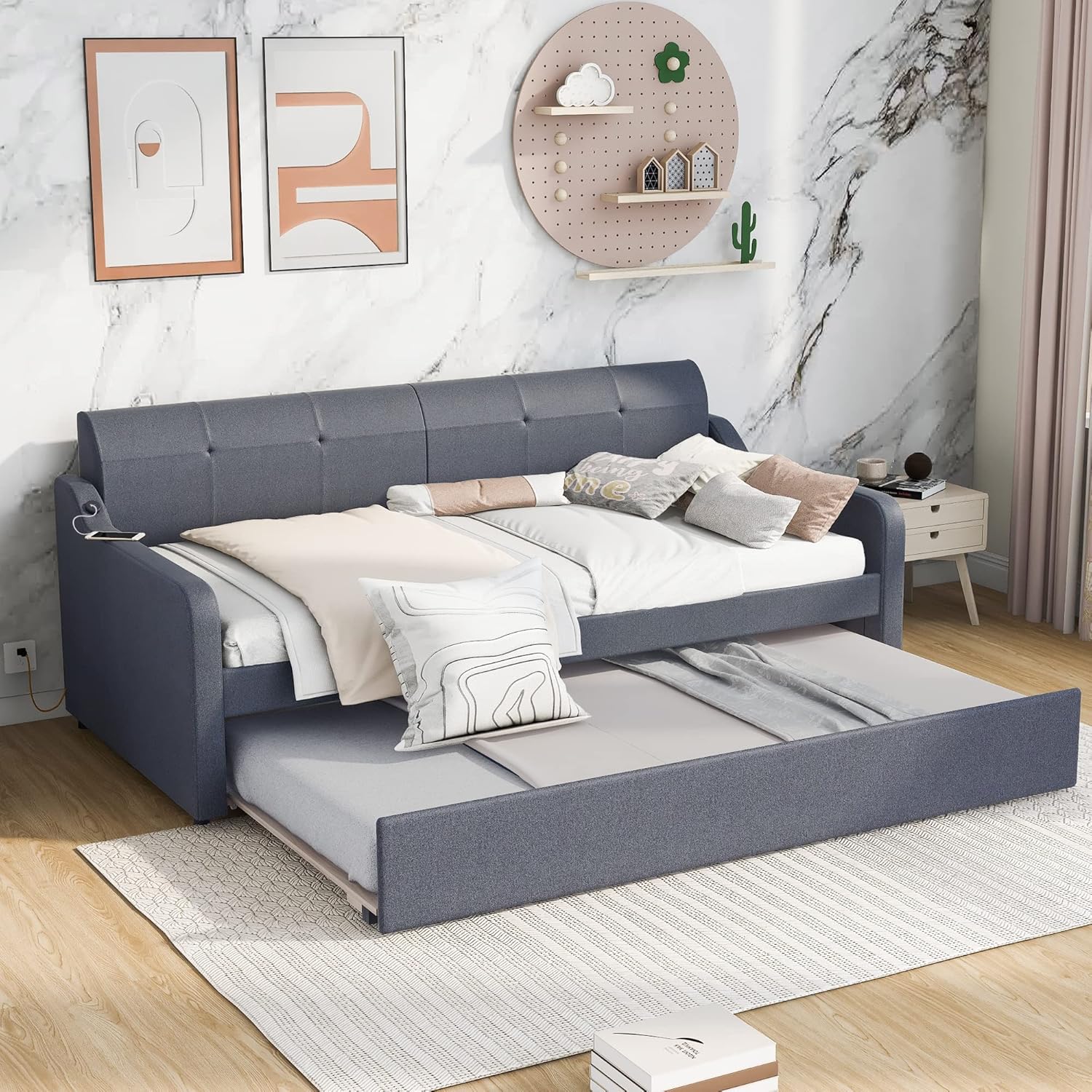 MERITLINE Upholstery Daybed with Trundle and USB Charging, Twin to King Extendable Sofa Bed Frame, Daybed with Trundle Bed can be Flat or Erected, 2 Twin Beds for Bedroom Living Room (Grey)