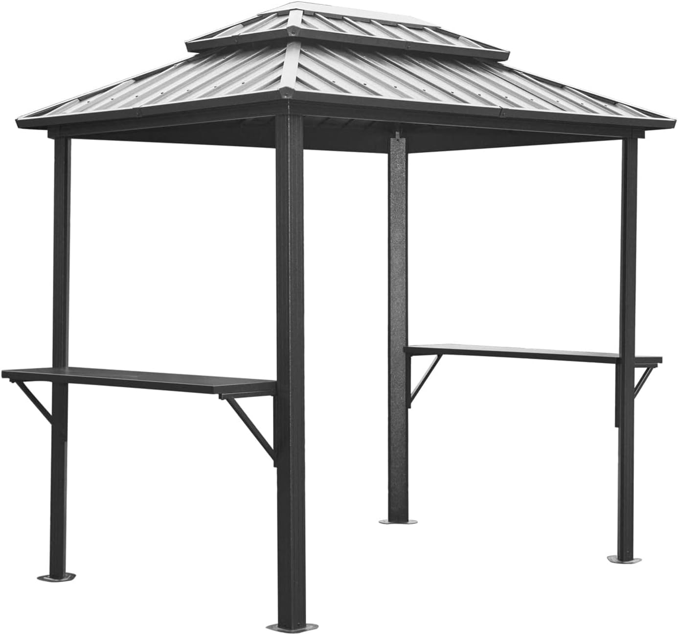 8x6FT Outdoor Aluminum Hardtop Grill Gazebo with 2 Shelves Serving Tables and Double Roof Hard Top, BBQ Pergolas w/Triangular Stand Pole&Hooks, Canopy for Patio Lawn Deck Garden Cooking Shade, Gray