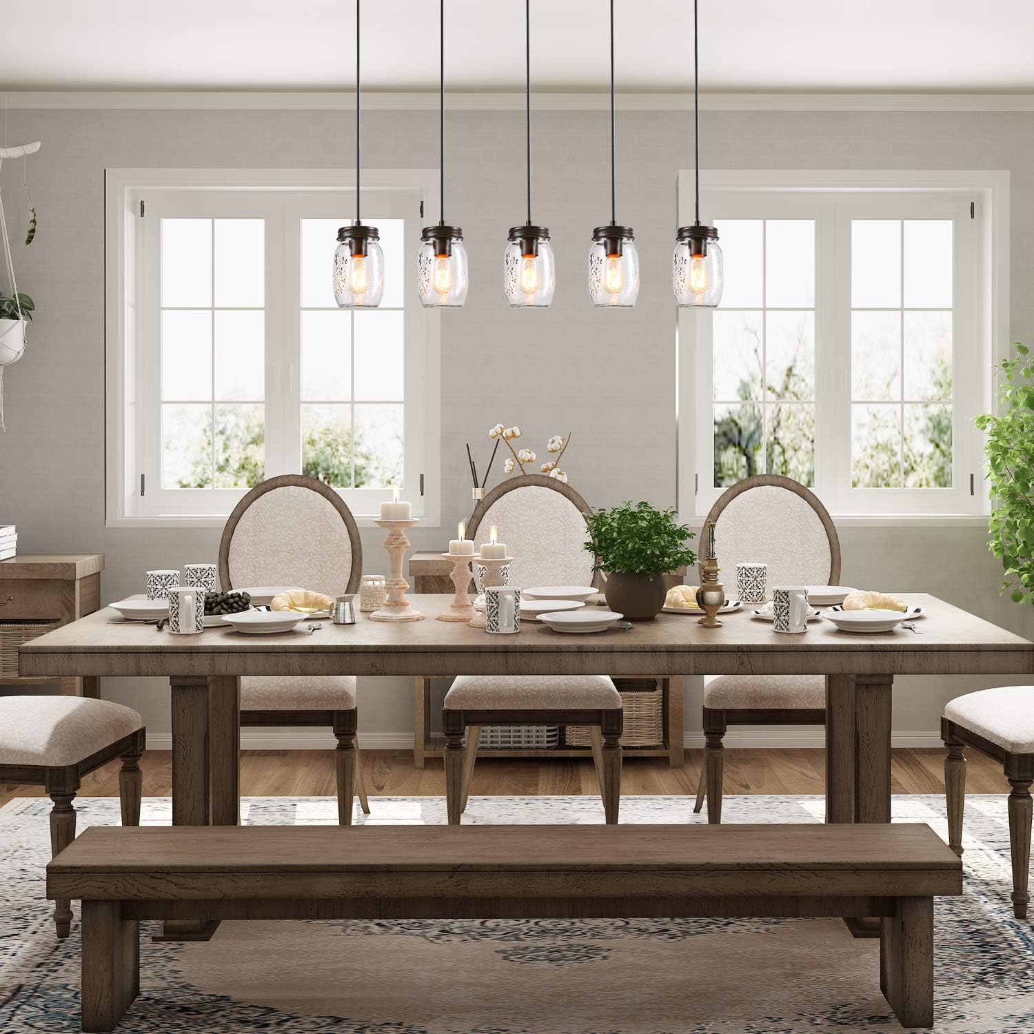 LNC Farmhouse Mason Jar Chandelier, 5-Light Adjustable Rustic Pendant Chandeliers Hanging Light Fixture for Kitchen Island and Dining Room Brown