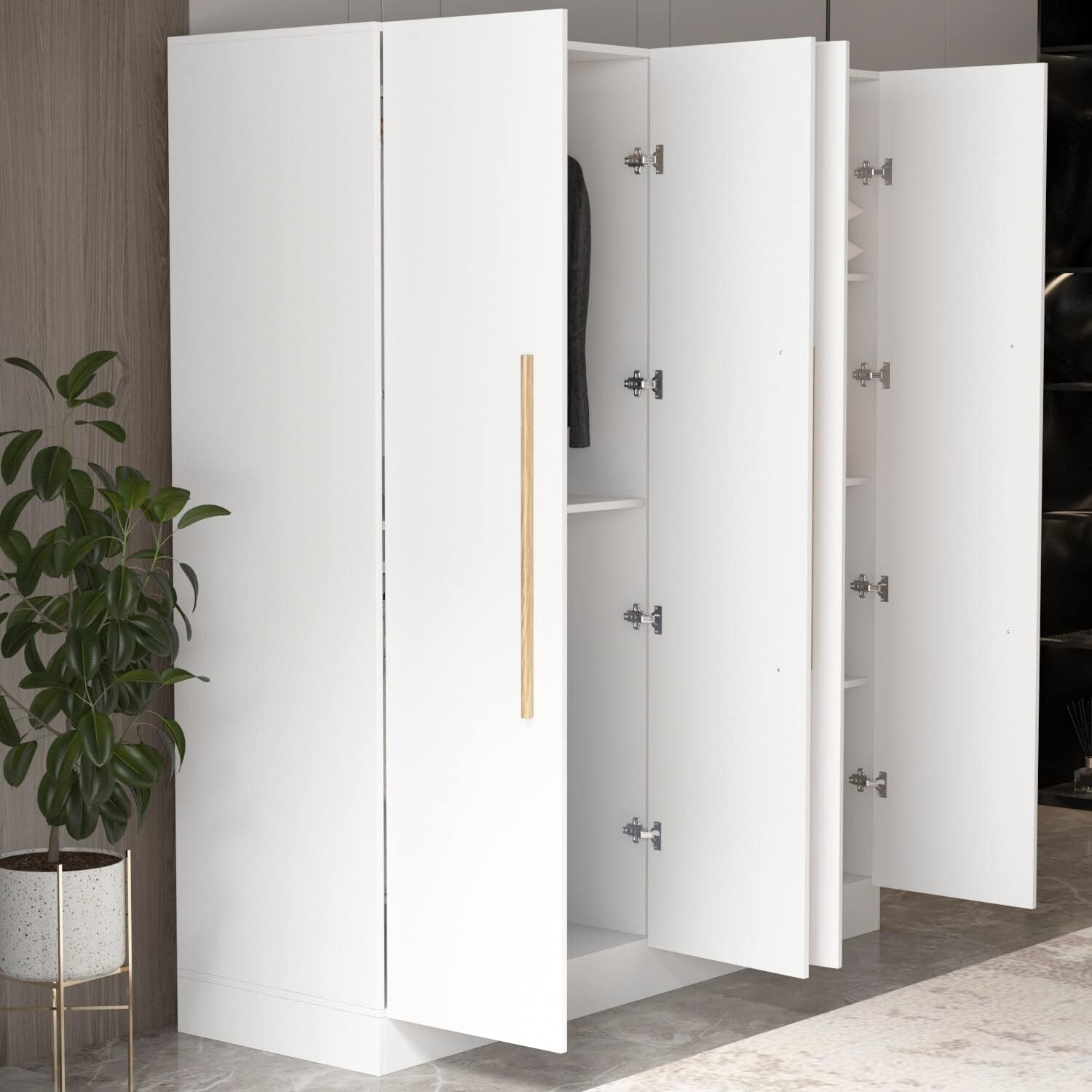 Modern Freestanding Solid Wood Wardrobe Closet with Storage Shelves White Glam MDF Finish