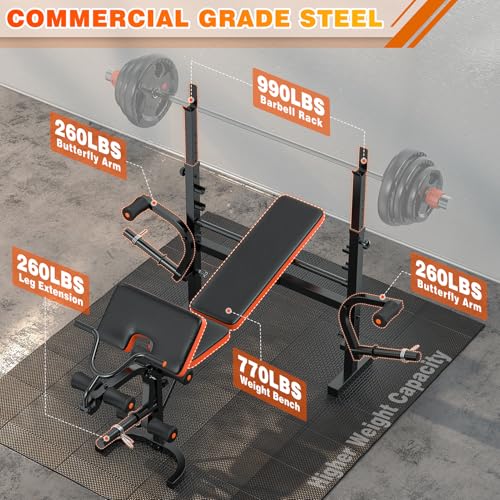 XDDIAS Weight Bench, 770LBS Bench Press Set with Leg Extension, 6 in 1 Olympic Weight Bench for Home Gym, Adjustable Workout Bench with Rack & Preacher Pad, Flat Incline Bench for Weight Lifting