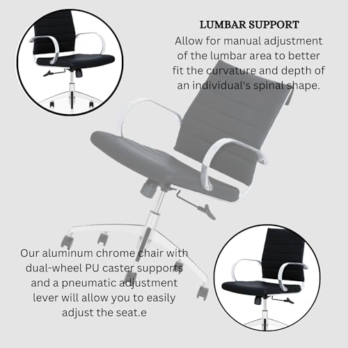 Ribbed Mid Back Conference Room Chairs - Lumbar Support, Modern Style Executive Chair for Home and Office - 360 Swivel Rolling Wheels - Aluminum Chrome Frame & Base - Black (Pack of 8)